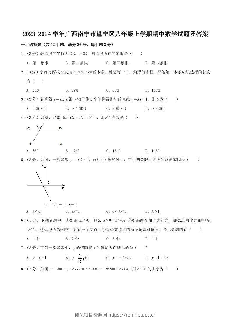 2023-2024学年广西南宁市邕宁区八年级上学期期中数学试题及答案(Word版) - 臻优资源网