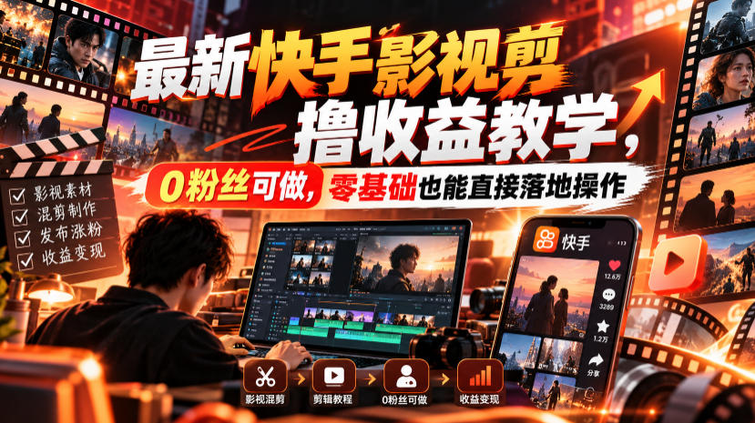 最新快手影视混剪撸收益教学，0粉丝可做，零基础也能直接落地操作 - 臻优资源网