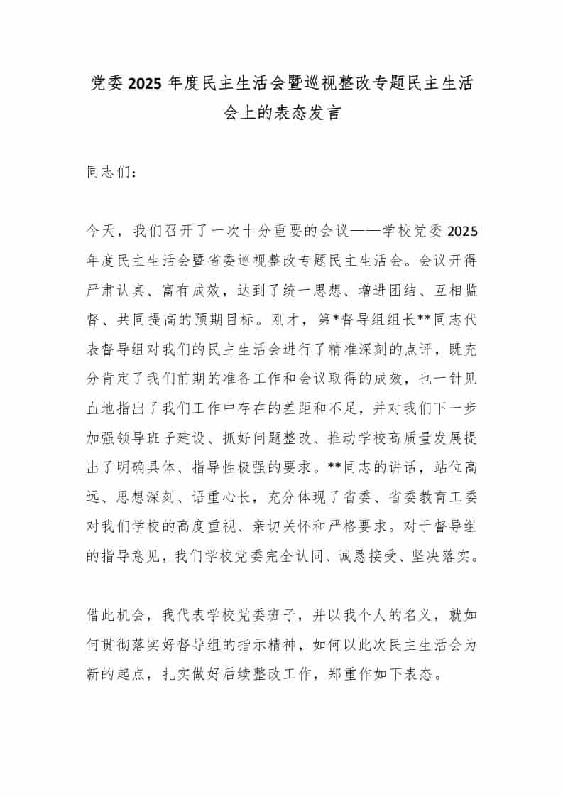 党委2025年度民主生活会暨巡视整改专题民主生活会上的表态发言 - 臻优资源网