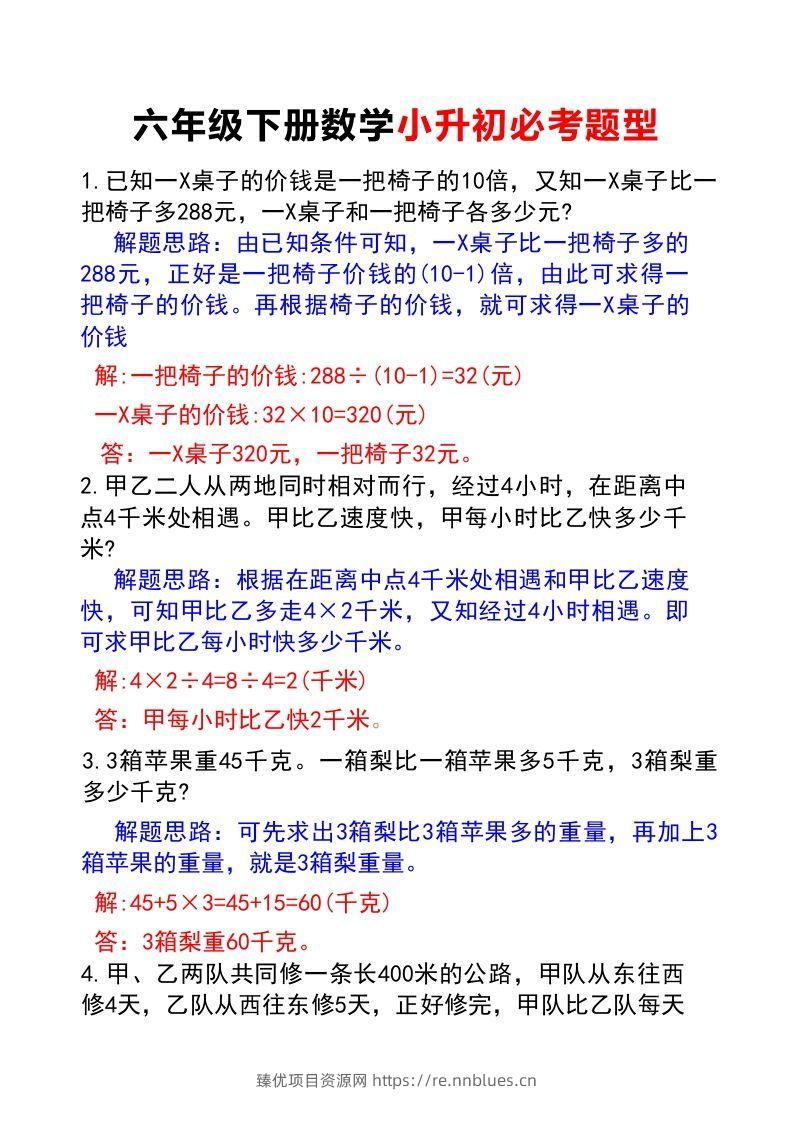 六年级下册数学小升初必考题型(答案) - 臻优资源网