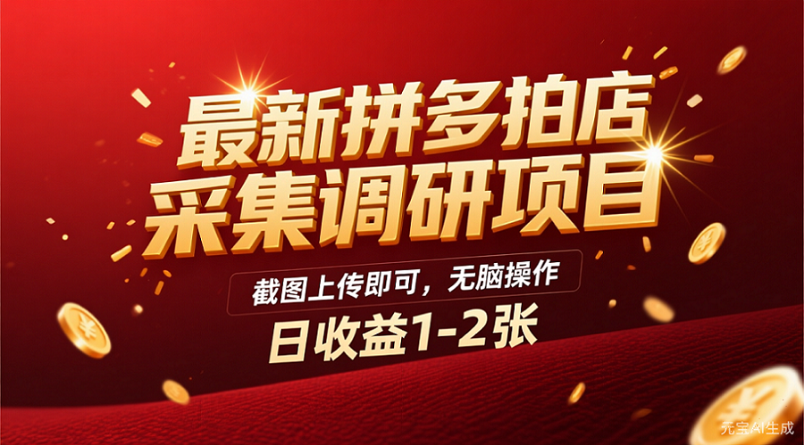 最新拼多多拍店采集调研项目，截图上传即可，无脑操作，日收益1-2张 - 臻优资源网