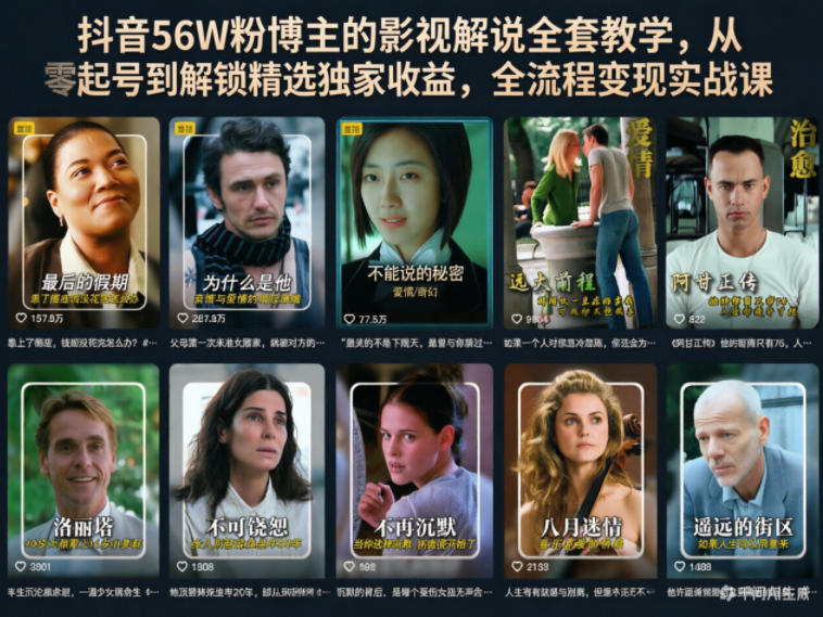 抖音56W粉博主的影视解说全套教学，从零起号到解锁精选独家收益，全流程变现实战课 - 臻优资源网
