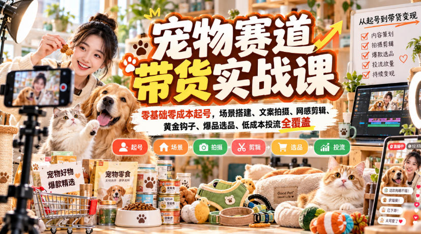 宠物赛道带货实战课，零基础零成本起号，场景搭建、文案拍摄、网感剪辑、黄金钩子、爆品选品、低成本投流全覆盖 - 臻优资源网