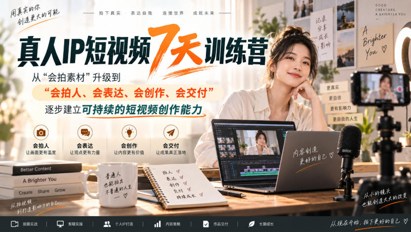 真人IP短视频7天训练营，从“会拍素材”升级到“会拍人、会表达、会创作、会交付”，逐步建立可持续的短视频创作能力 - 臻优资源网
