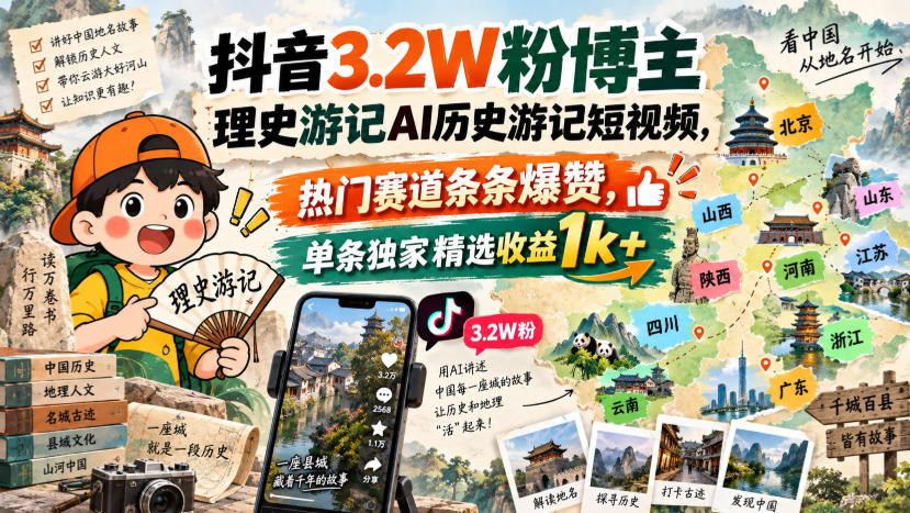 抖音3.2W粉博主理史游记AI历史游记短视频教学，热门赛道条条爆赞，单条独家精选收益1k+ - 臻优资源网