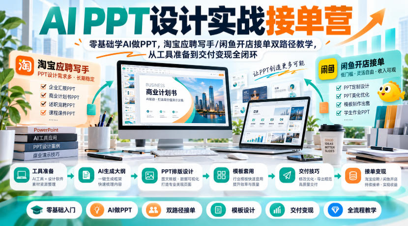 AI PPT设计实战接单营｜零基础学AI做PPT，淘宝应聘写手/闲鱼开店接单双路径教学，从工具准备到交付变现全闭环 - 臻优资源网