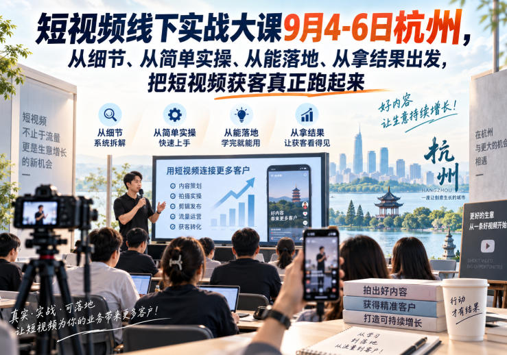 短视频线下实战大课9月4-6日杭州，从细节、从简单实操、从能落地、从拿结果出发，把短视频获客真正跑起来（更新） - 臻优资源网