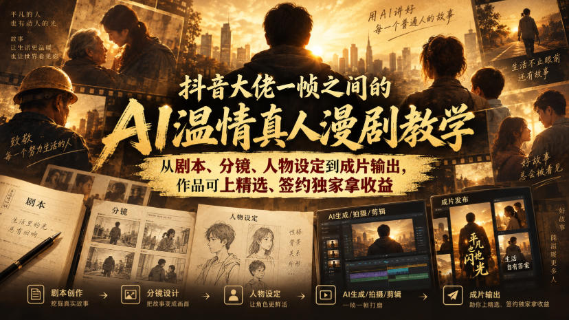抖音大佬一帧之间的AI温情真人漫剧教学，从剧本、分镜、人物设定到成片输出，作品可上精选、签约独家拿收益 - 臻优资源网