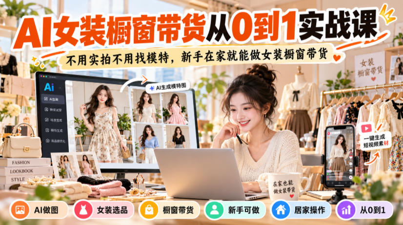 AI女装橱窗带货从0到1实战课，不用实拍不用找模特，新手在家就能做女装橱窗带货 - 臻优资源网