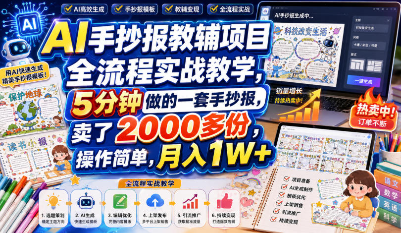 AI手抄报教辅项目全流程实战教学，5分钟做的一套手抄报，卖了2000多份，操作简单，月入1W+ - 臻优资源网