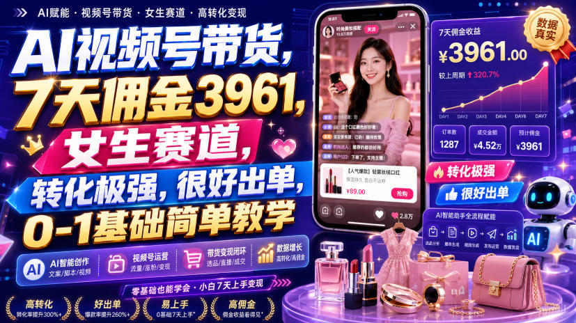 AI视频号带货,7天佣金3961,女生赛道,转化极强,很好出单,0-1基础简单教学 - 臻优资源网