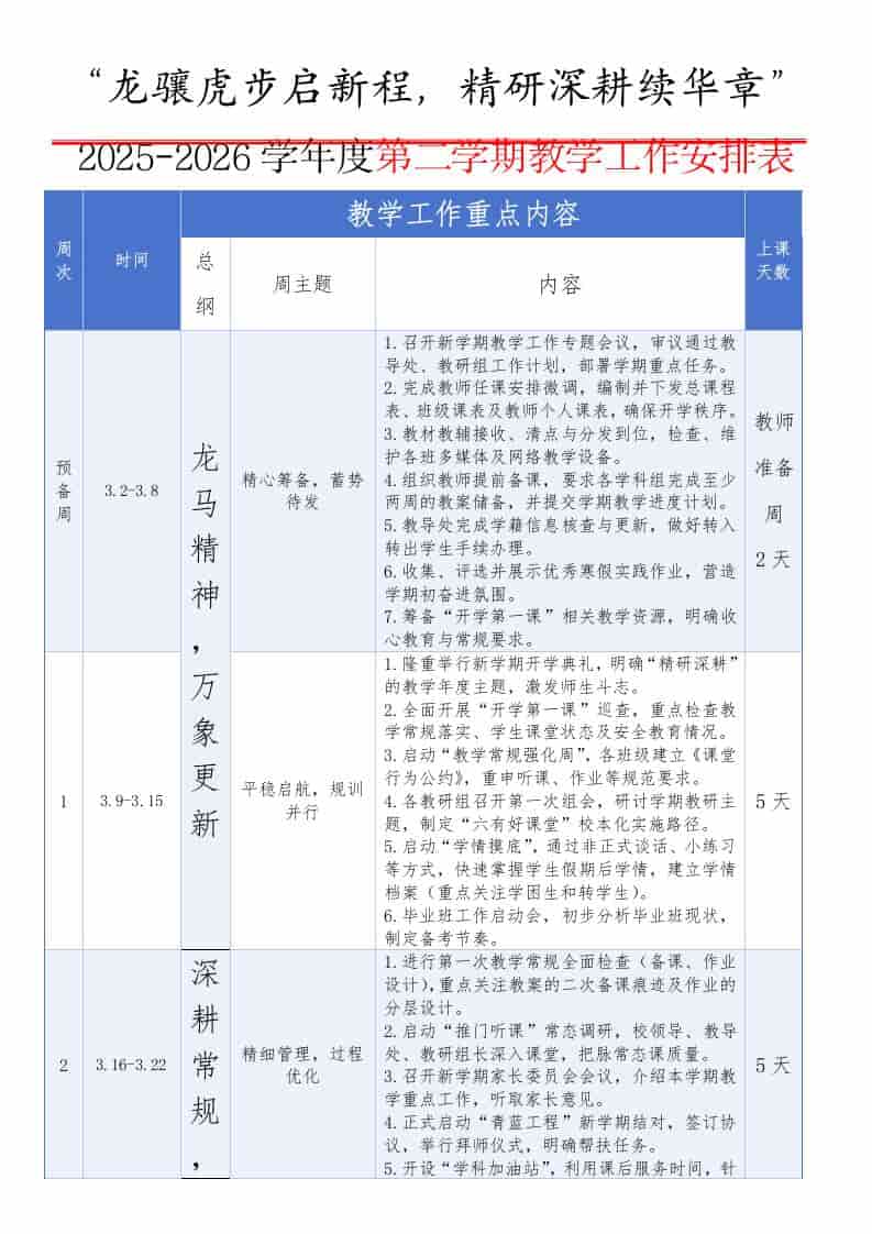 2025-2026学年第二学期教学工作安排表：龙骧虎步启新程，精研深耕续华章 - 臻优资源网