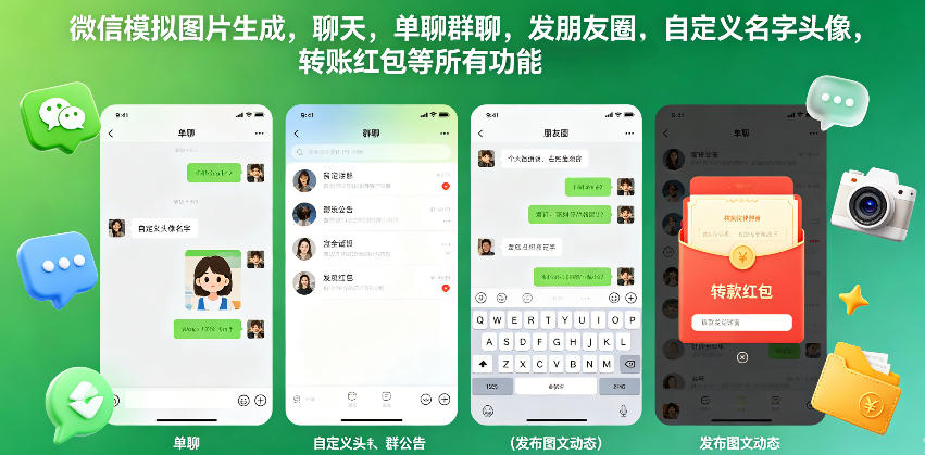 微信模拟图片生成，聊天，单聊群聊，发朋友圈，自定义名字头像，转账红包等所有功能都可以生成 - 臻优资源网