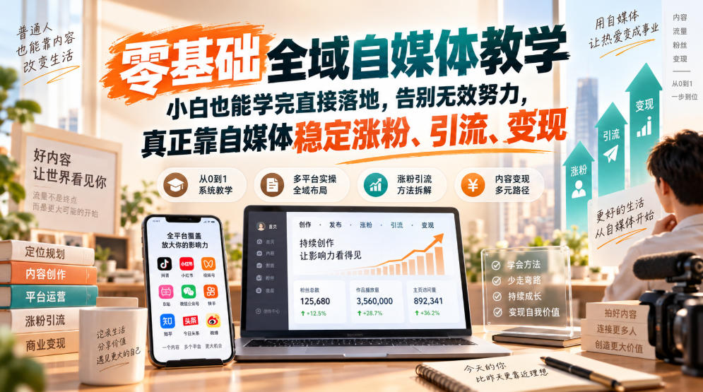 零基础全域自媒体教学，小白也能学完直接落地，告别无效努力，真正靠自媒体稳定涨粉、引流、变现 - 臻优资源网