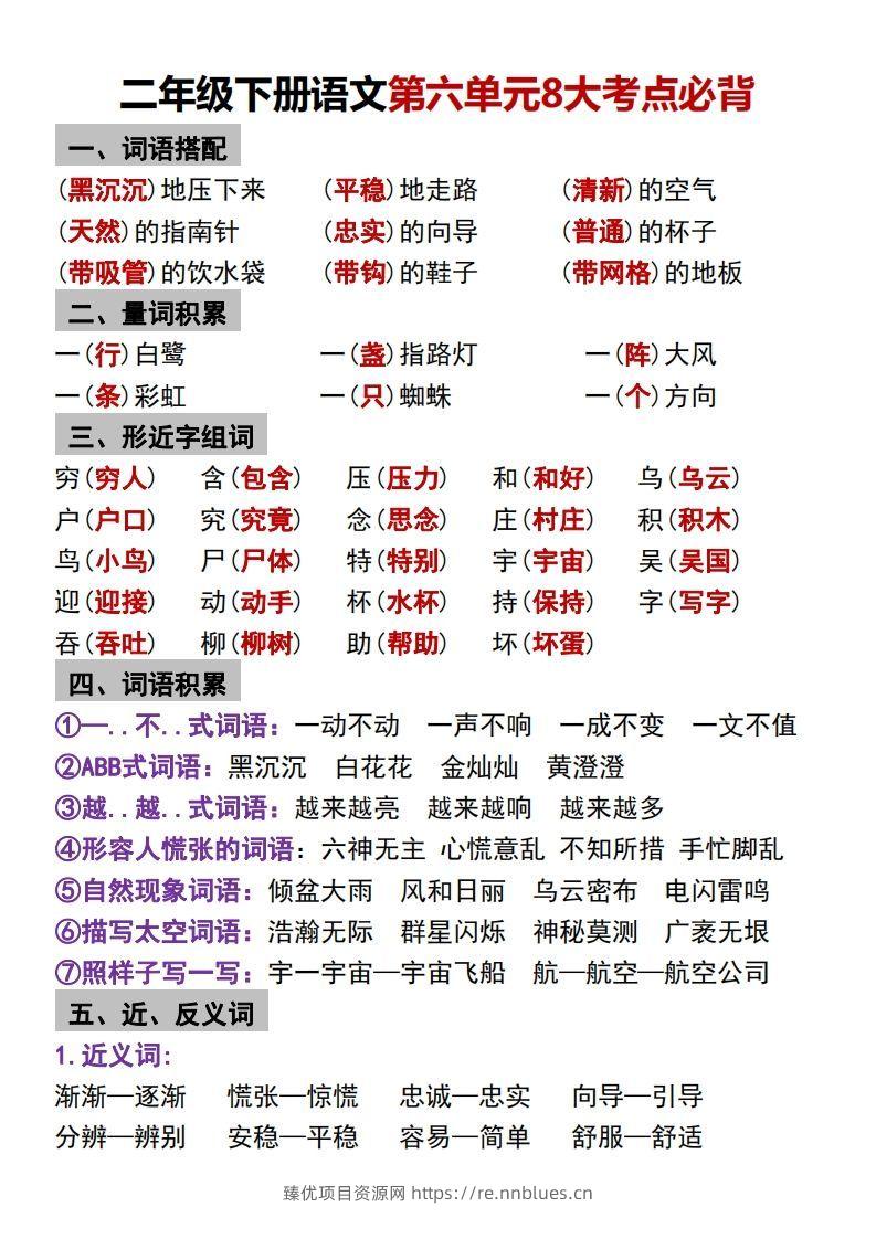 二年级下册语文第六单元8大考点必背 - 臻优资源网