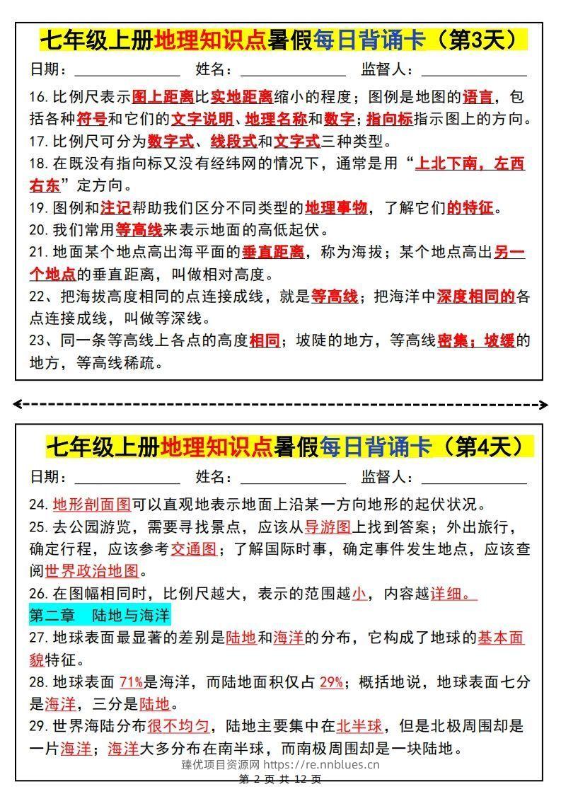 图片[2] - 七上地理知识点暑假每日背诵卡 - 臻优资源网