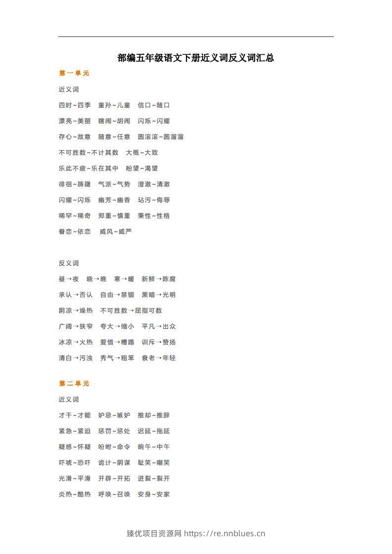 五年级语文下册近义词反义词汇总（部编版） - 臻优资源网