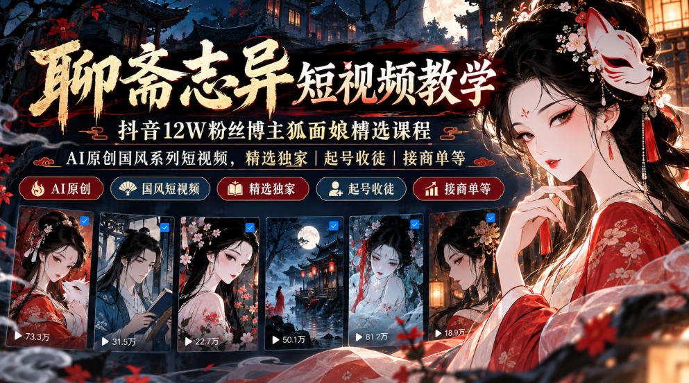 聊斋志异短视频教学，抖音12W粉丝博主狐面娘精选课程，AI原创国风系列短视频，精选独家丨起号收徒丨接商单等 - 臻优资源网