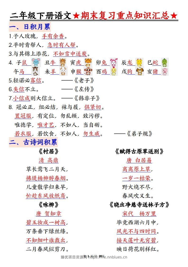 期末复习重点知识汇总二下语文 - 臻优资源网