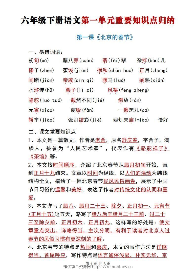 六年级下册语文第一单元重要知识点归纳 - 臻优资源网