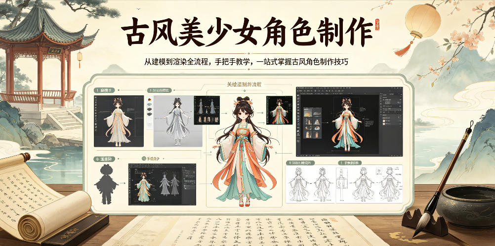 古风美少女角色制作，从建模到渲染全流程，手把手教学，一站式掌握古风角色制作技巧 - 臻优资源网