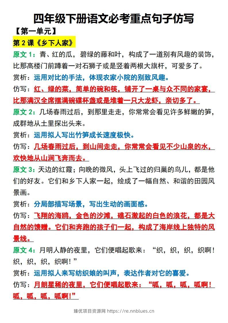四年级下册语文必考重点句子仿写 - 臻优资源网
