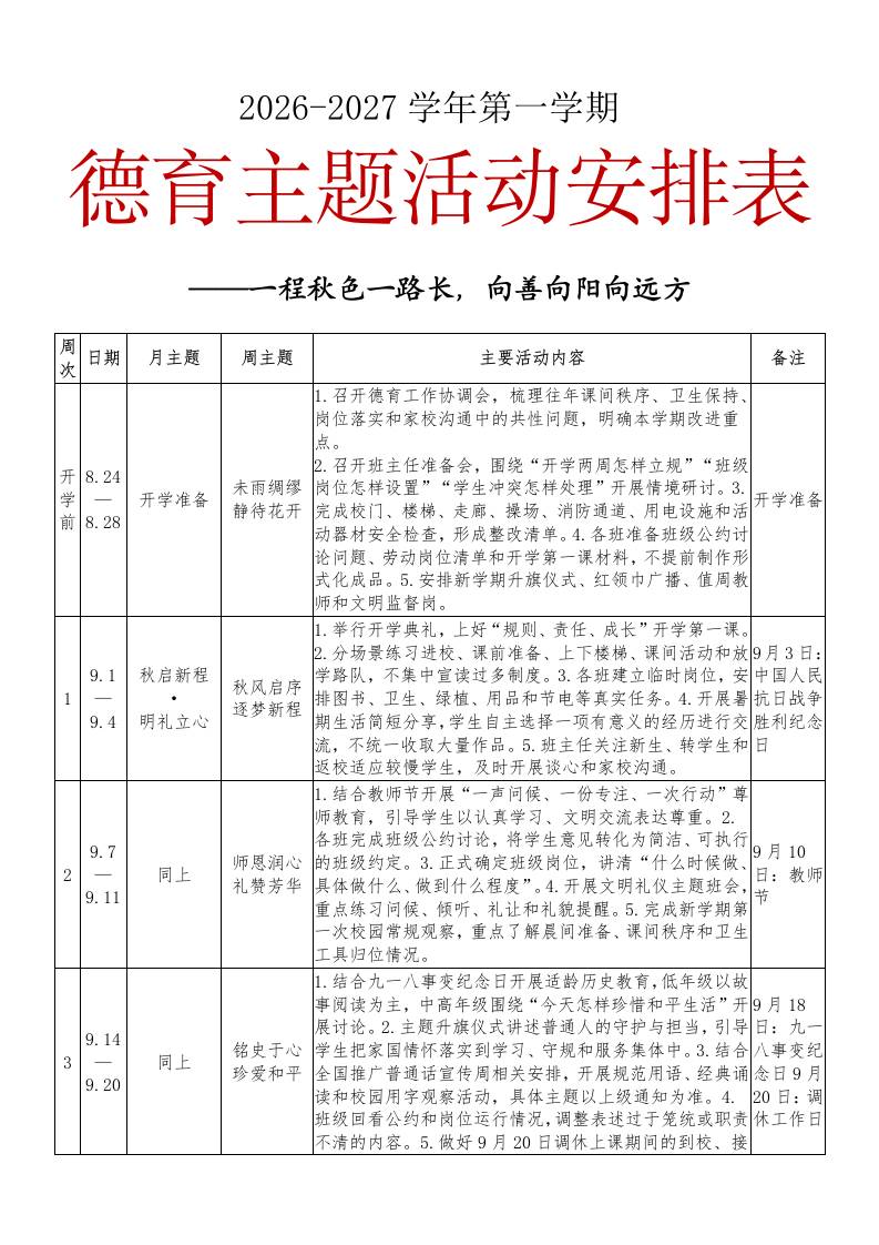 2026-2027学年第一学期德育主题活动安排表——一程秋色一路长，向善向阳向远方 - 臻优资源网