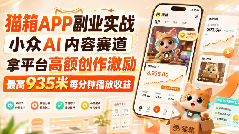 猫箱APP副业实战，小众AI内容赛道，拿平台高额创作激励，最高935米每分钟播放收益 - 臻优资源网