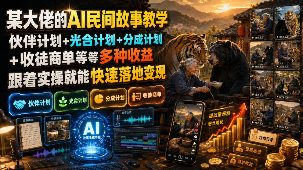 某大佬的AI民间故事教学，伙伴计划+光合计划+分成计划+收徒商单等多种收益，跟着实操就能快速落地变现 - 臻优资源网