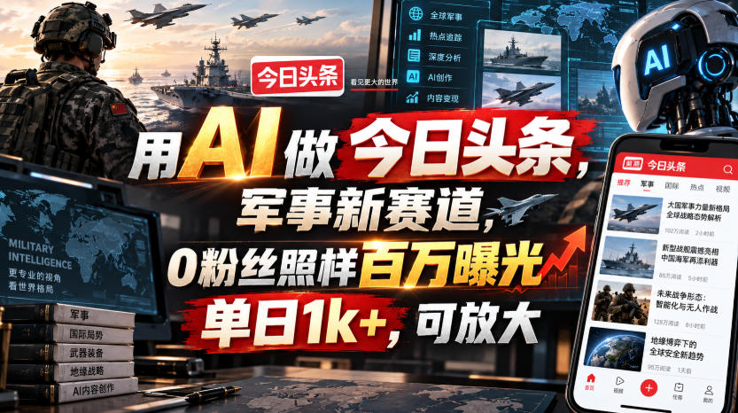 用AI做今日头条，军事新赛道，0粉丝照样百万曝光，单日1k+，可放大 - 臻优资源网