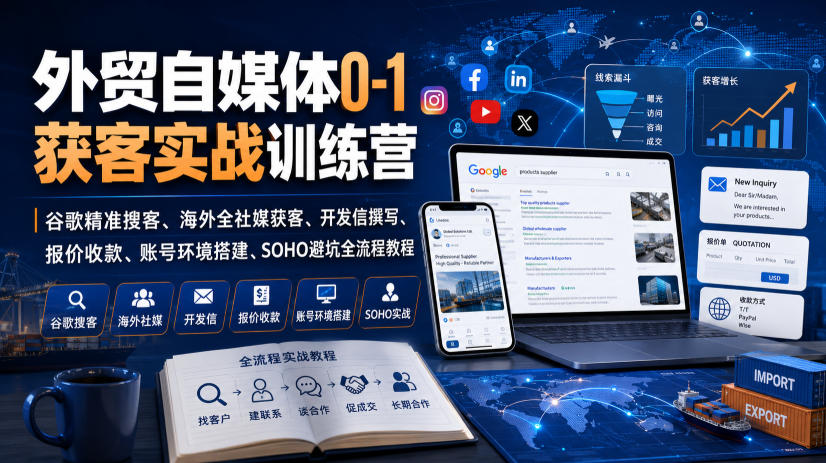 外贸自媒体0-1获客实战训练营｜谷歌精准搜客、海外全社媒获客、开发信撰写、报价收款、账号环境搭建、SOHO避坑全流程教程 - 臻优资源网