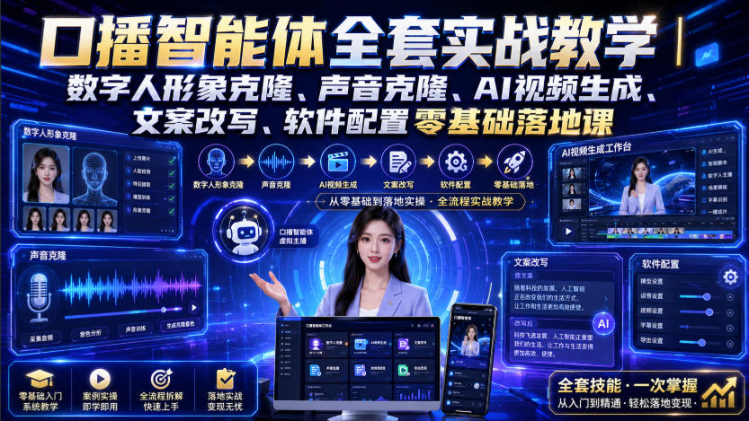 口播智能体全套实战教学｜数字人形象克隆、声音克隆、AI视频生成、文案改写、软件配置零基础落地课 - 臻优资源网