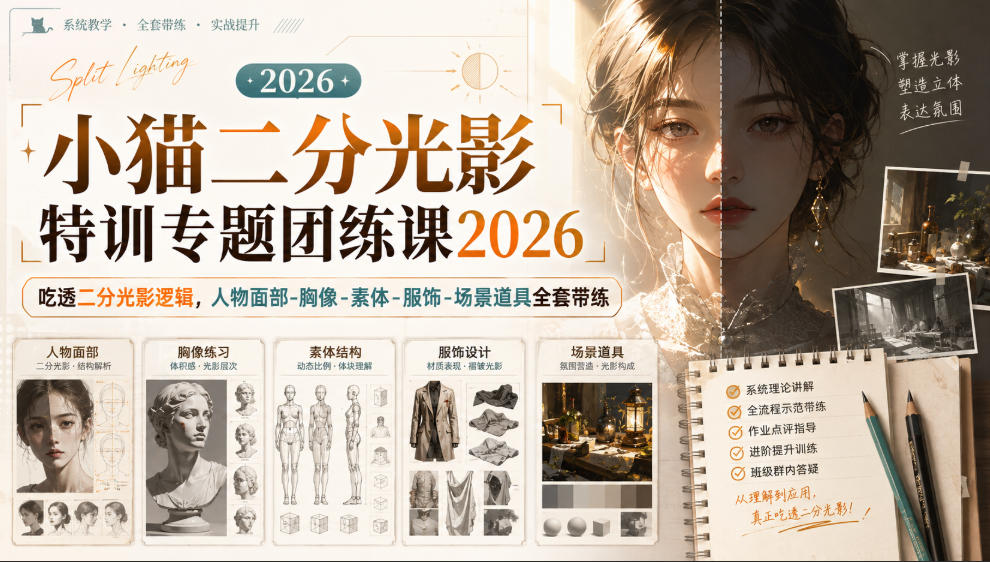 小猫二分光影特训专题团练课2026｜吃透二分光影逻辑，人物面部‑胸像‑素体‑服饰‑场景道具全套带练，高清画质附赠课件与笔刷 - 臻优资源网