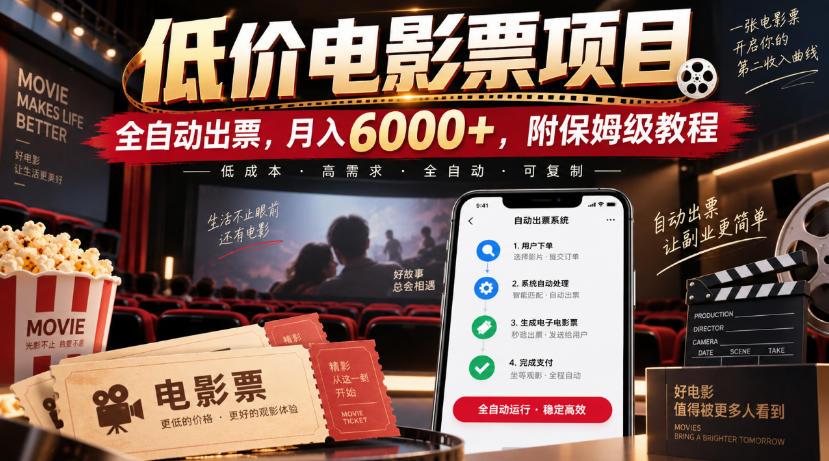 低价电影票项目，全自动出票，月入6000+，附保姆级教程【揭秘】 - 臻优资源网