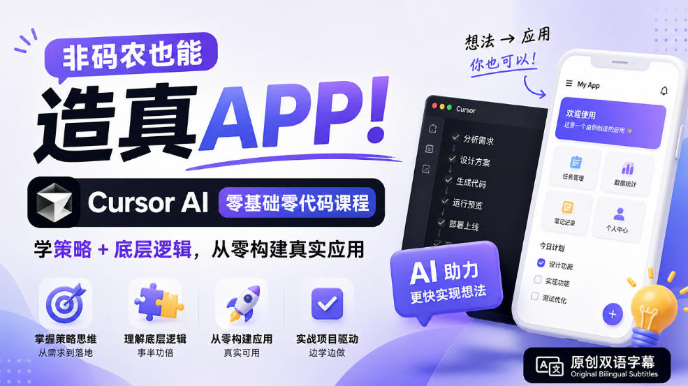 非码农也能造真APP！Cursor AI零基础零代码课程：学策略+底层逻辑，从零构建真实应用【原创双语字幕】 - 臻优资源网