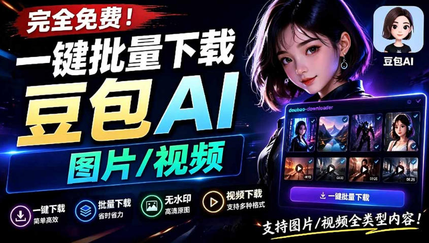 Github最新发布！一键批量下载豆包AI无水印图片/视频，简单易用，自动解析提示词 - 臻优资源网