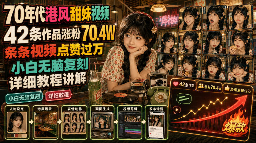 70年代港风甜妹视频，42条作品涨粉70.4W，条条视频点赞过万，小白无脑复刻，详细教程讲解 - 臻优资源网