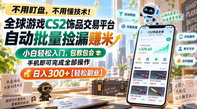 全球游戏CS2饰品交易平台自动批量捡漏賺米，小白轻松入门，包教包会，手机即可完成全部操作，日入300+【揭秘】 - 臻优资源网