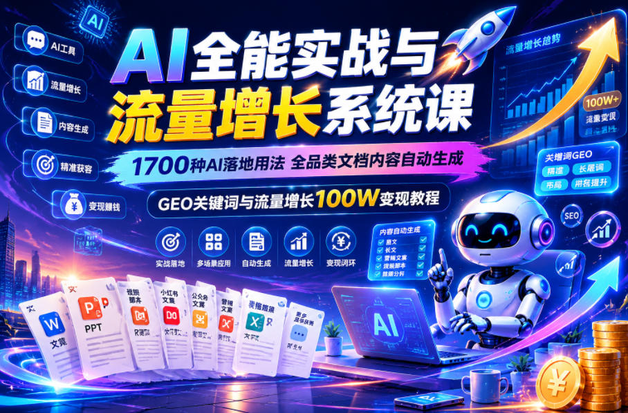 AI全能实战与流量增长系统课,1700种AI落地用法,全品类文档内容自动生成,GEO关键词与流量增长100W变现教程 - 臻优资源网
