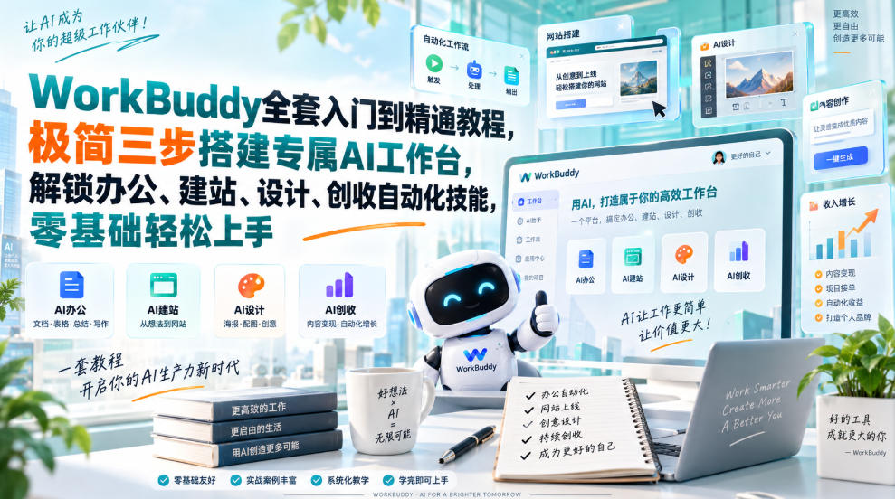 WorkBuddy全套入门到精通教程，极简三步搭建专属AI工作台，解锁办公、建站、设计、创收自动化技能，零基础轻松上手 - 臻优资源网