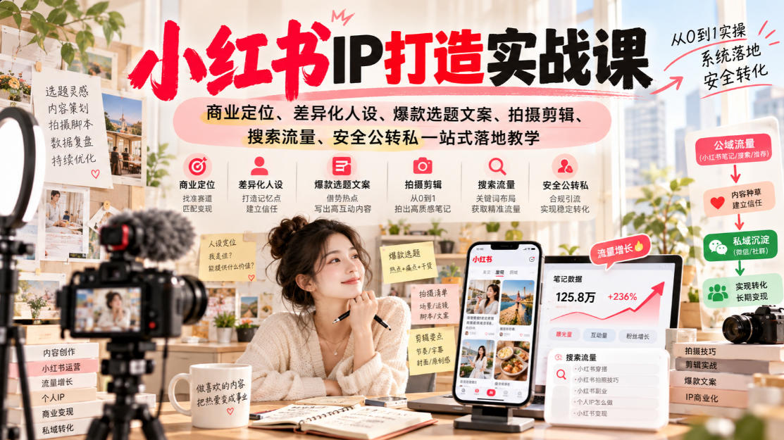 小红书ip打造实战课，商业定位、差异化人设、爆款选题文案、拍摄剪辑、搜索流量、安全公转私一站式落地教学 - 臻优资源网