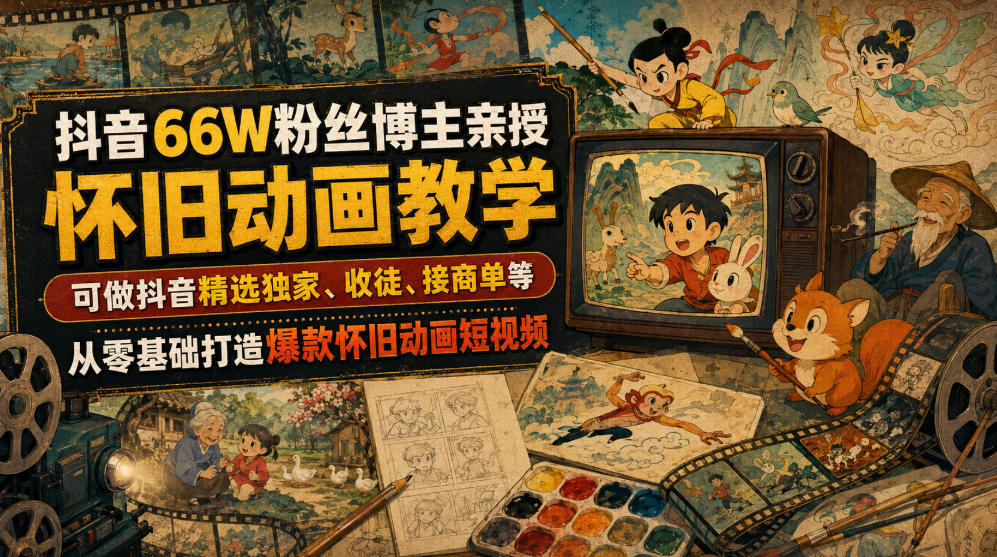 抖音66W粉丝博主亲授怀旧动画教学，可做抖音精选独家、收徒、接商单等，从零基础打造爆款怀旧动画短视频 - 臻优资源网