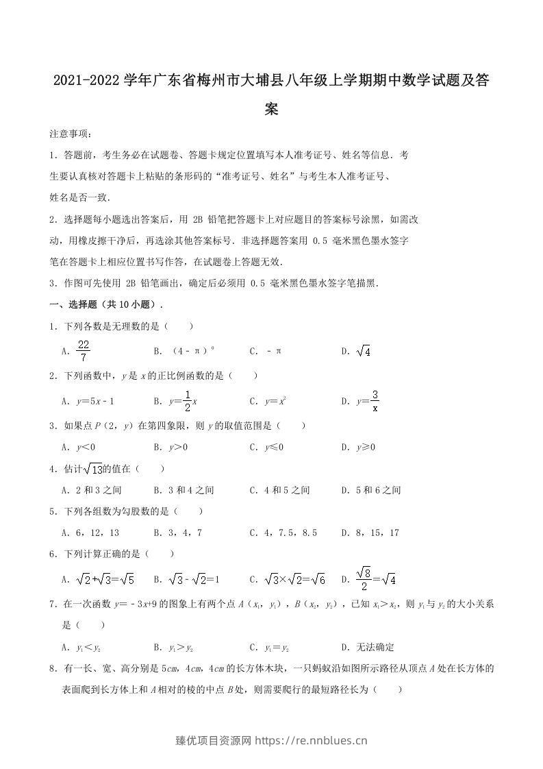 2021-2022学年广东省梅州市大埔县八年级上学期期中数学试题及答案(Word版) - 臻优资源网