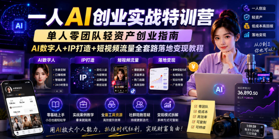 一人AI创业实战特训营，单人零团队轻资产创业指南，AI数字人+IP打造+短视频流量全套路落地变现教程 - 臻优资源网