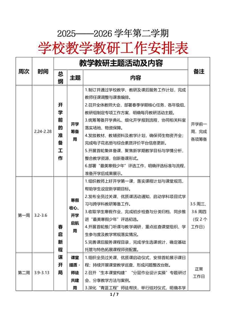 2026年春季第二学期教研处工作安排表 - 臻优资源网