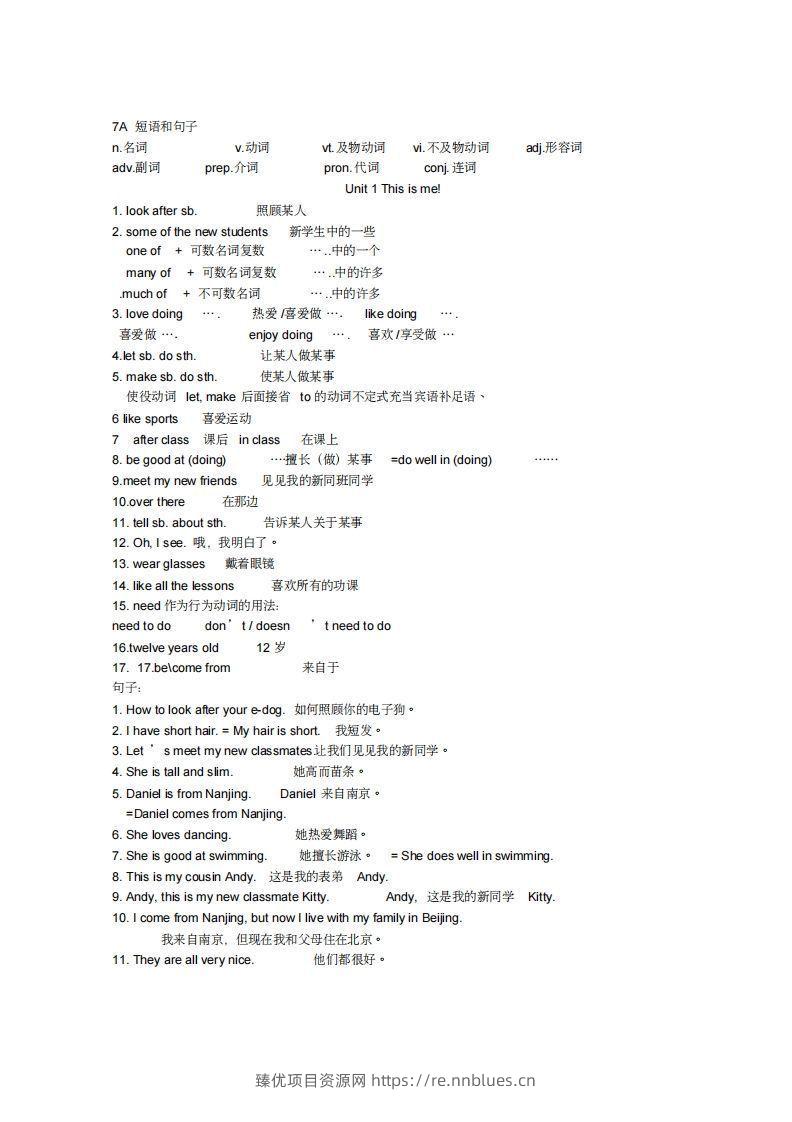 新牛津英语译林版七年级上册各单元全部重点短语和句子(1) - 臻优资源网