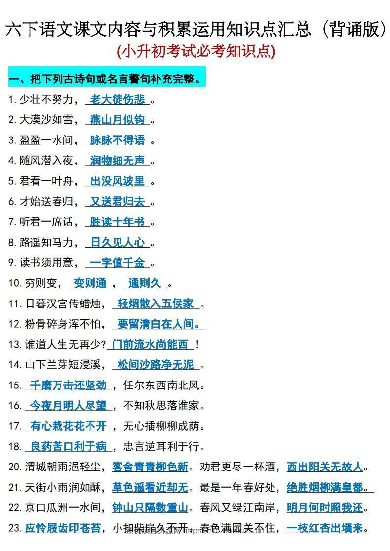 六年级下册语文(小升初)期末必考知识点 - 臻优资源网