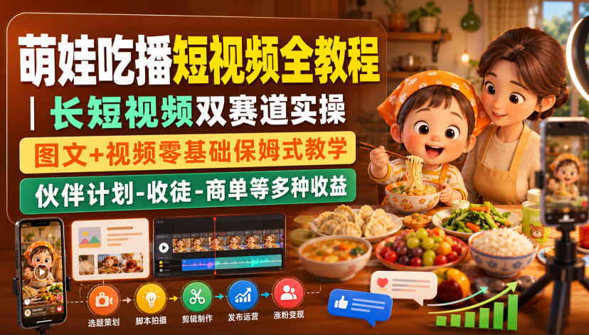 萌娃吃播短视频全教程｜长短视频双赛道实操，图文+视频零基础保姆式教学，伙伴计划-收徒-商单等多种变现方式 - 臻优资源网