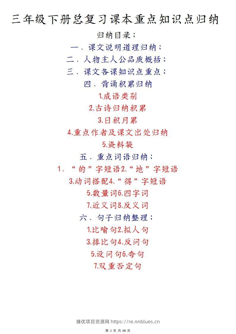 期末复习重点知识汇总三下语文 - 臻优资源网