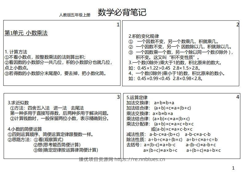 【人教五年级】数学上册必背笔记 - 臻优资源网